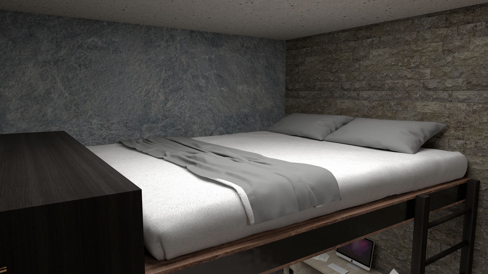 A cozy, minimalist bed with stone wall accent in a modern interior setting, illustrating What Feng Shui Says About a Bed That Faces the Door