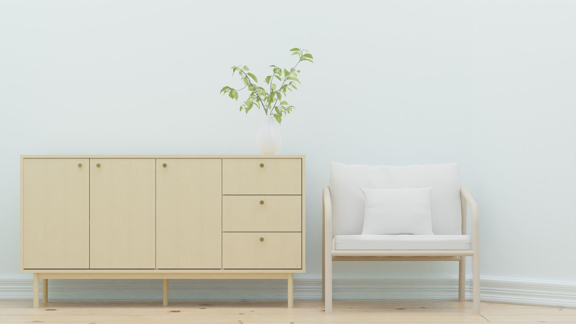 Elegant minimalist interior design featuring a wooden sideboard and armchair with greenery, illustrating What Does Feng Shui Say About Clocks? A Clear Guide