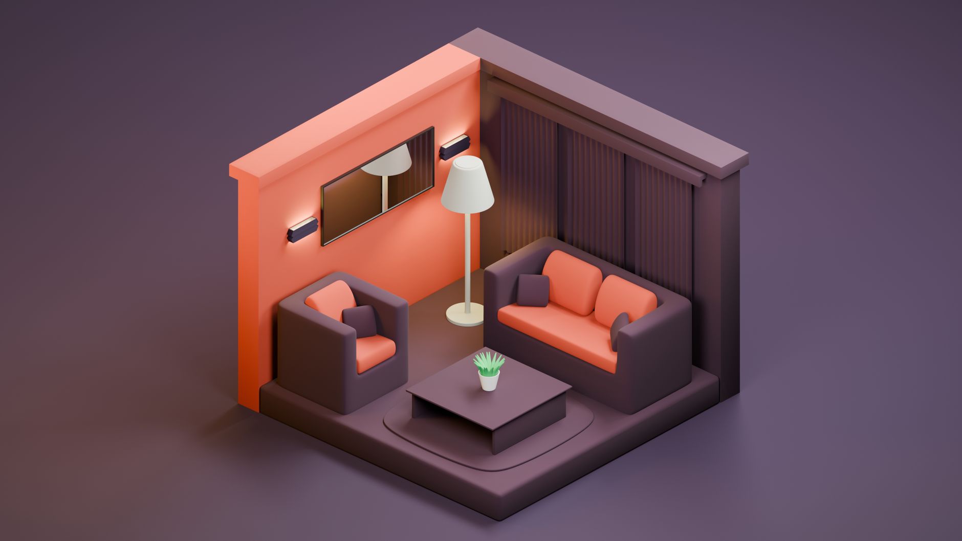 Isometric view of a stylish minimalist living room interior in 3D render, illustrating What Is a “Command View” of a Room? Feng Shui Guide