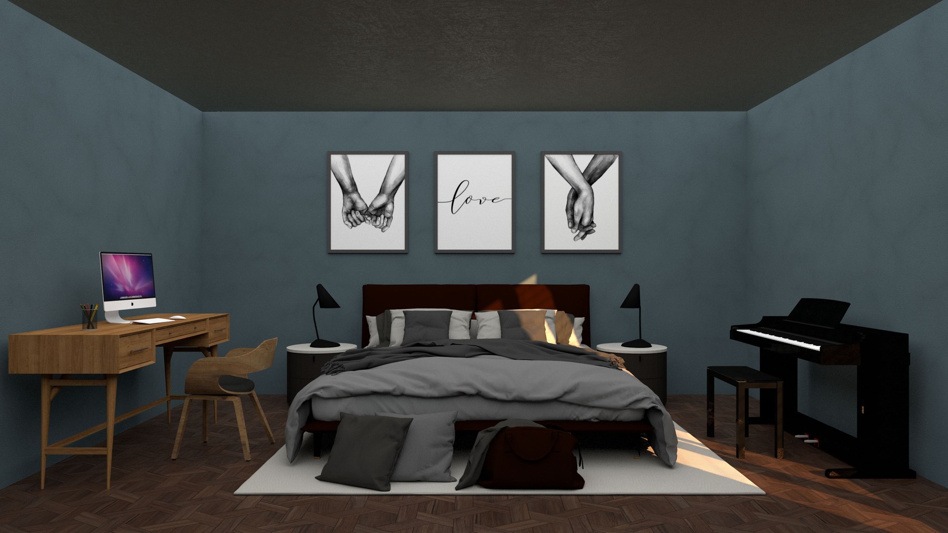 Bedroom featuring a comfortable bed, elegant desk, digital piano, and artistic wall decor for a cozy home interior