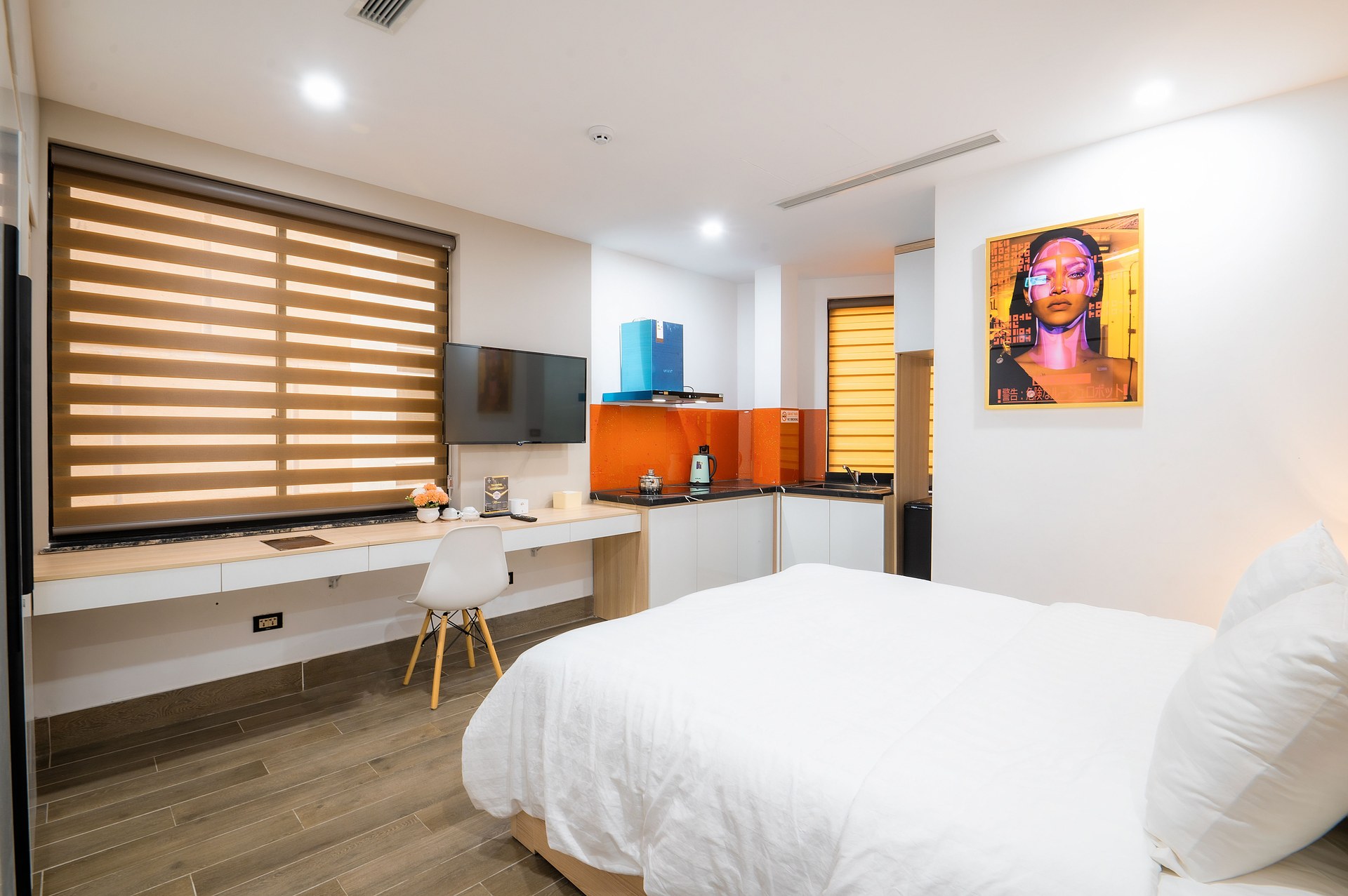 Bright modern hotel room with stylish decor and cozy ambiance