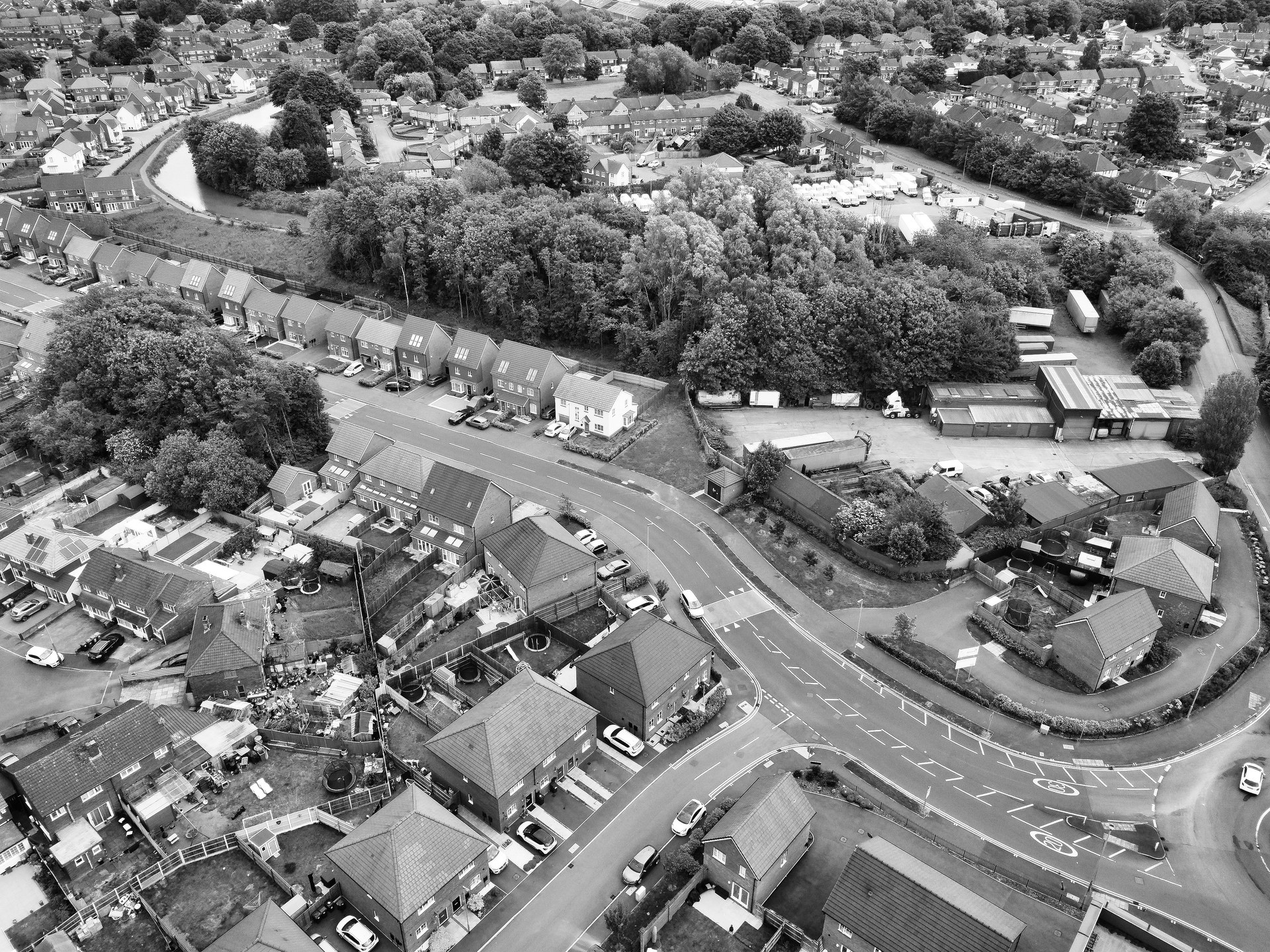 Black and white aerial photo capturing a suburban area in West Midlands, England