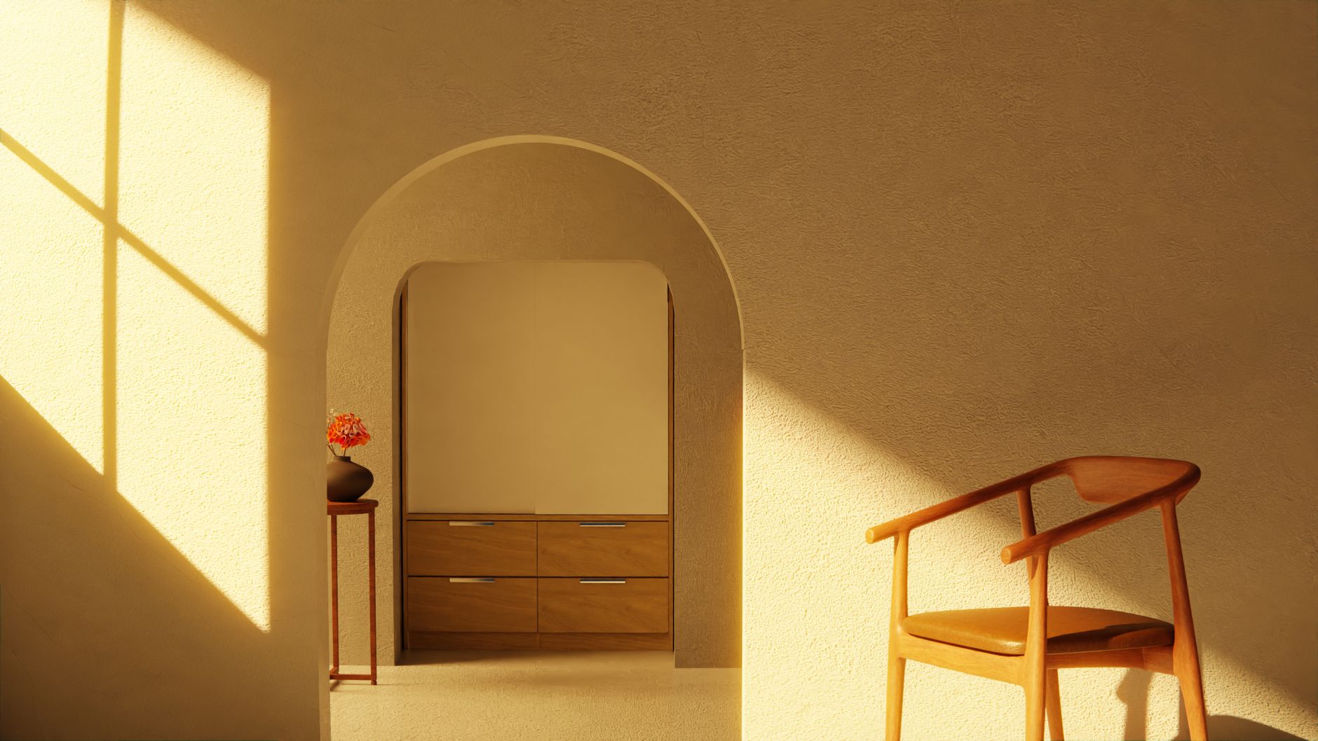 A minimalist interior showcasing a wooden chair and warm sunlight filtering through an archway, illustrating Which Houseplants Are Suggested Indoors, and Why
