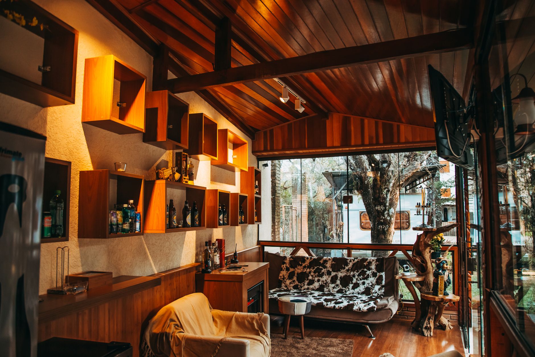 Warm and inviting cabin interior featuring modern wooden furniture and open shelving, illustrating Which Houseplants Are Suggested Indoors, and Why