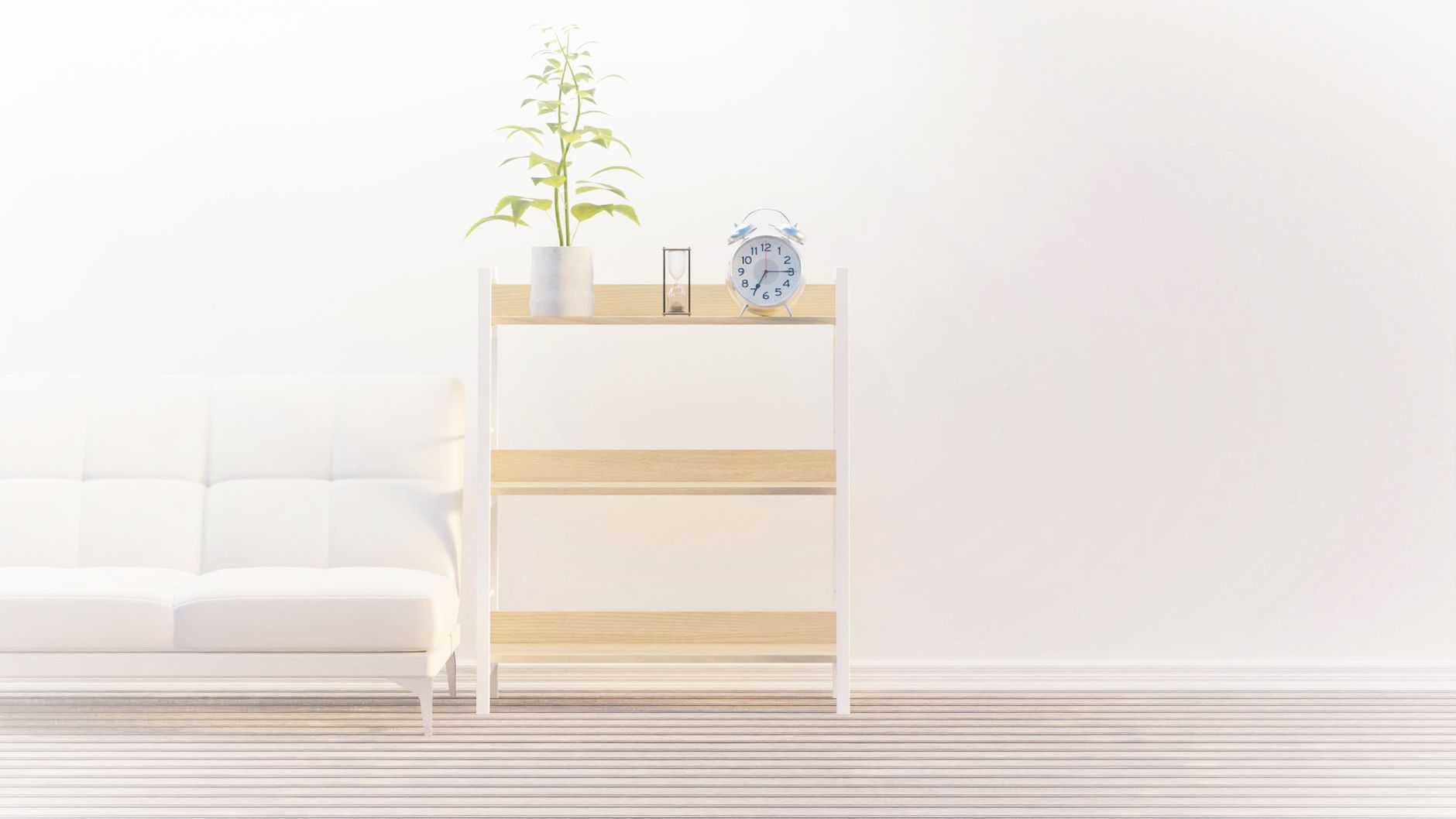 Bright, modern interior with white couch, wooden shelves, and a clock, illustrating Is There Evidence for Feng Shui? What Kind Exists