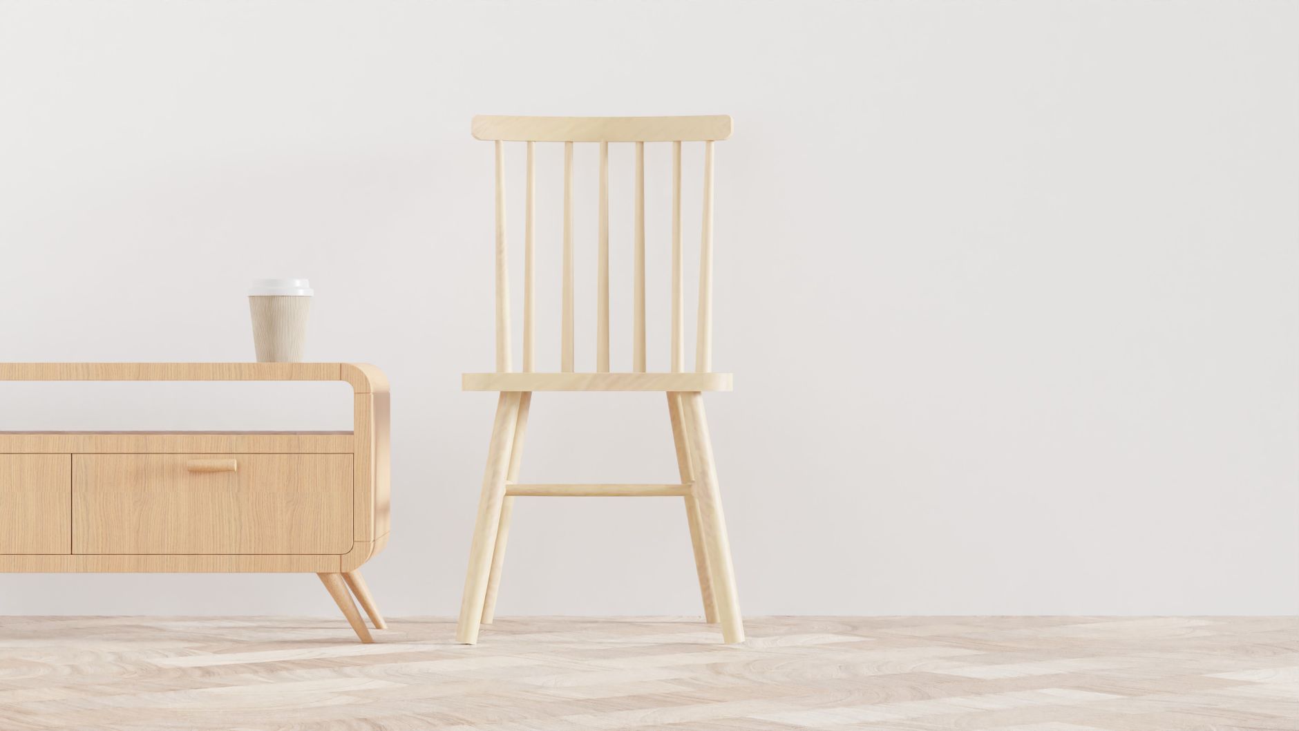 Simple and modern wooden chair and cabinet in a minimalist interior, illustrating What Does Feng Shui Say About Noise? A Clear Guide