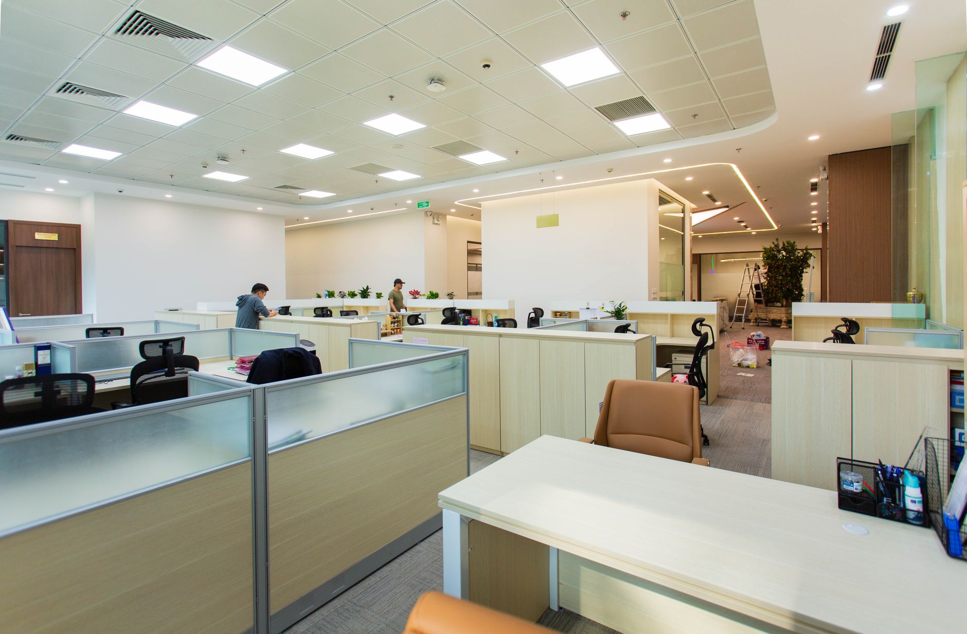 Bright and spacious office interior featuring open plan cubicles, modern furniture, and ceiling lights, illustrating How Should an Open-Plan Space Be Divided? Feng Shui Guide