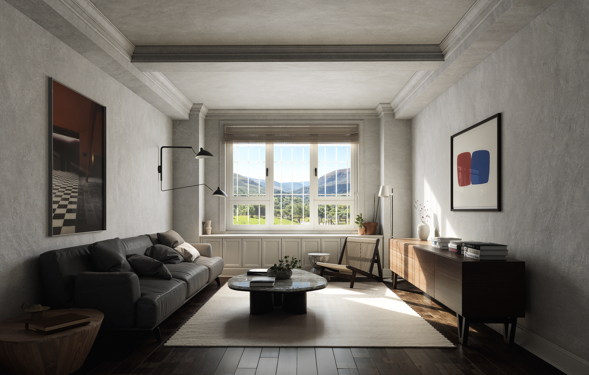 Sophisticated minimalist living room with large window showcasing scenic outdoor view. Modern interior design, illustrating What Does Feng Shui Say About a Room With No Window