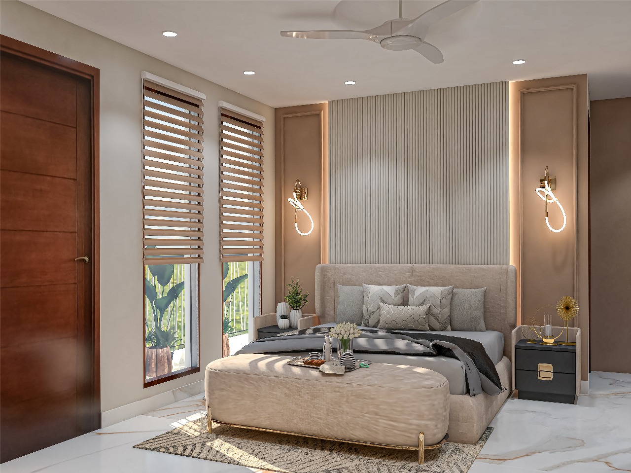 Balanced Modern Bedroom Design with Neutral Tones and Layered Lighting, illustrating How Should a Room With Two Doors Be Arranged in Feng Shui