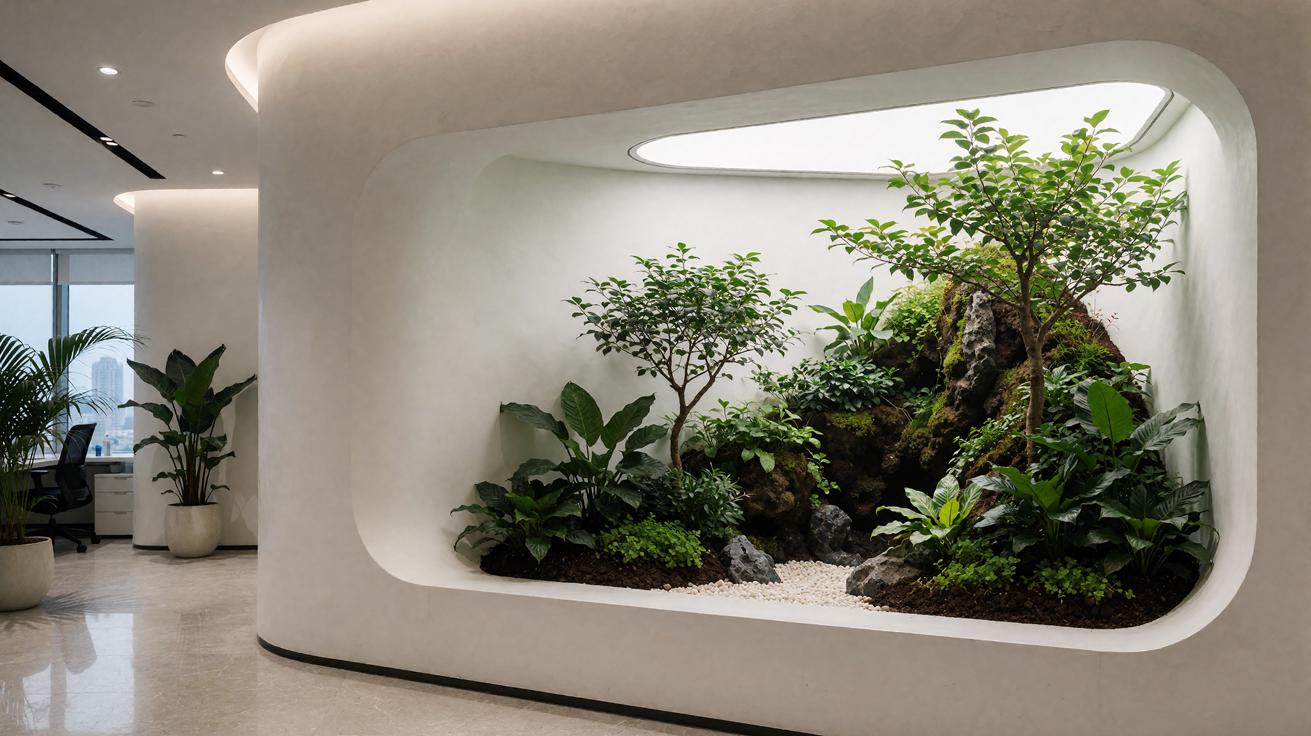 A stylish office interior featuring a striking indoor garden with lush plants, illustrating What Does Feng Shui Say About Sharp Corners on Furniture