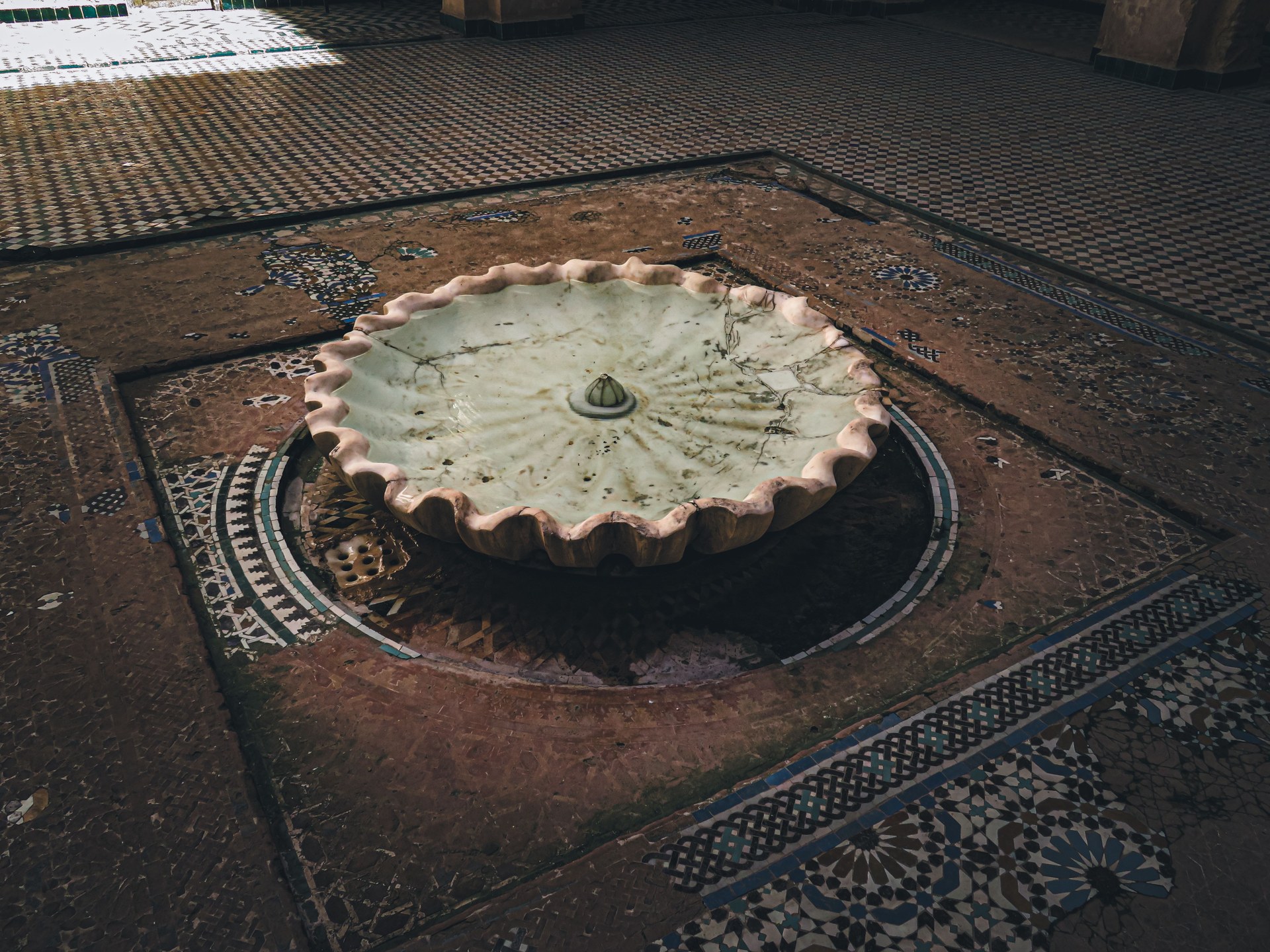 Tiled traditional fountain in Fez, showcasing Moroccan architectural artistry