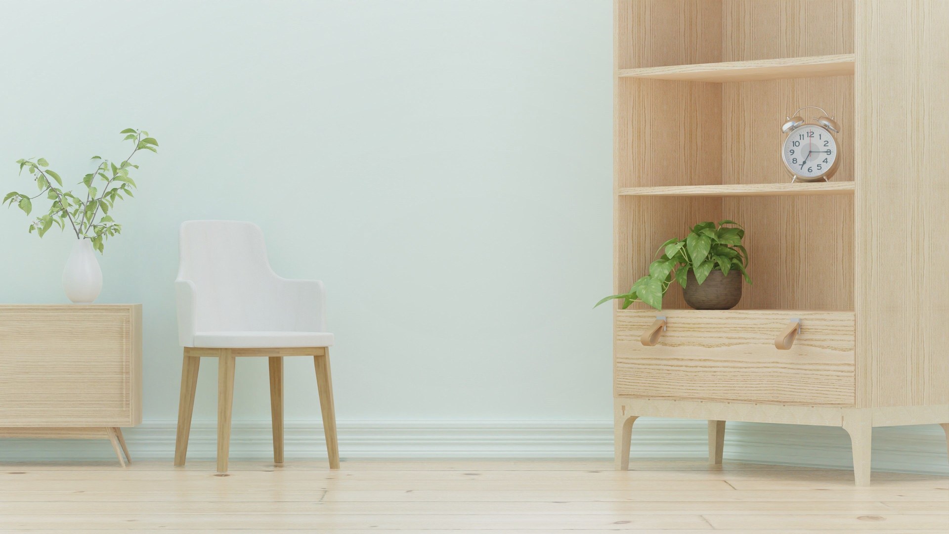 And modern minimalist interior featuring wooden furniture and indoor plants