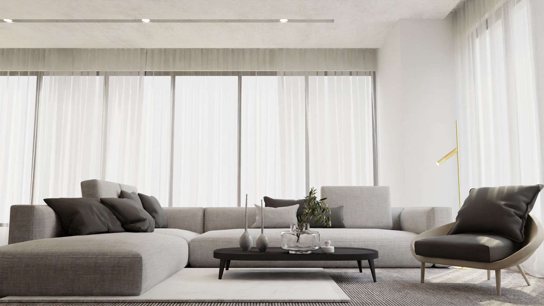 Bright and stylish modern living room interior featuring a chic gray sofa and a sleek coffee table